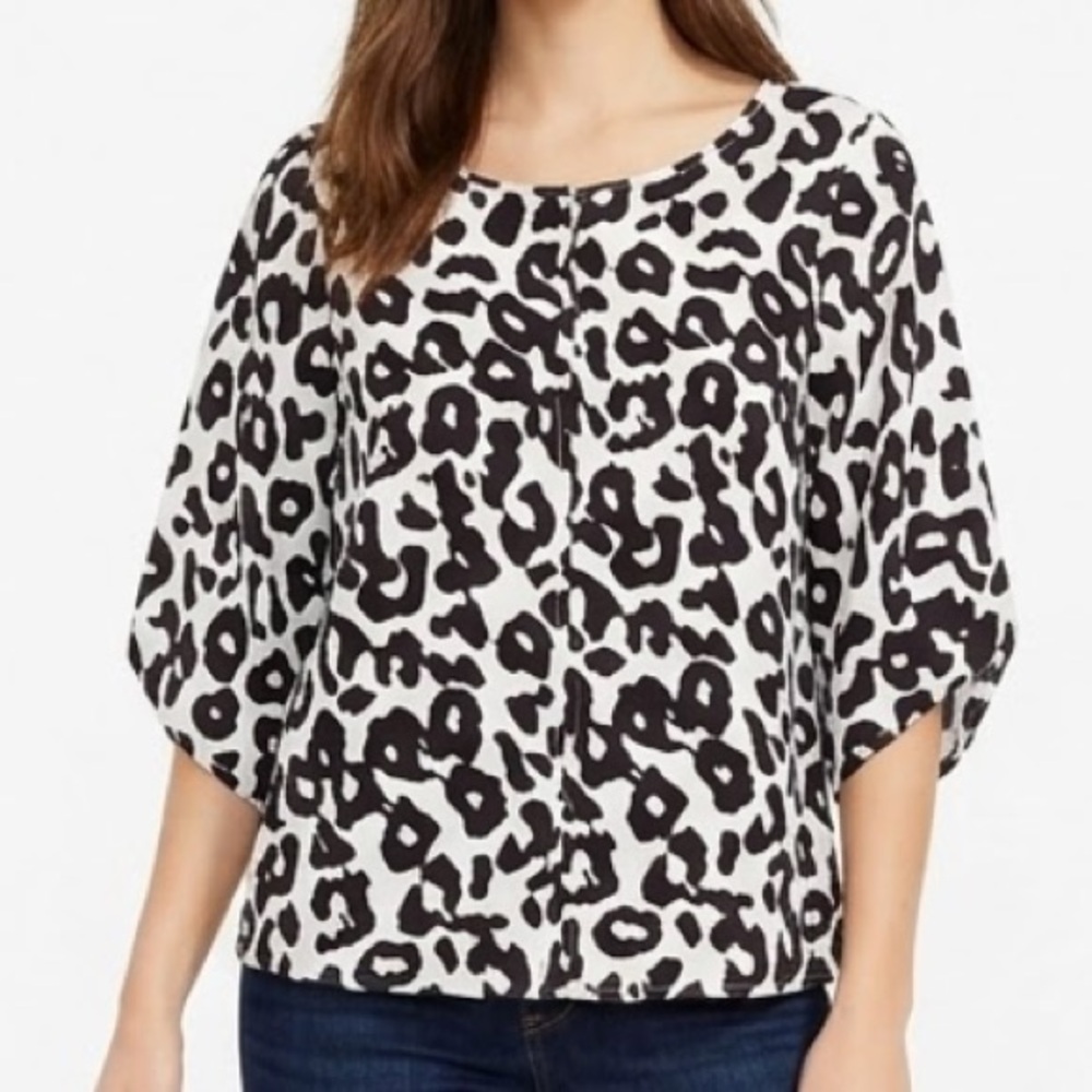 LOFT Black and White Leopard Print Balloon Sleeve Top